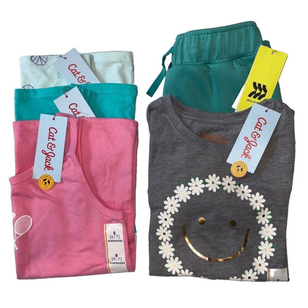 Cat & Jack All In Motion Girl’s 5pc Clothing Lot Sz 6/7 NWT Tanks Tees Shorts